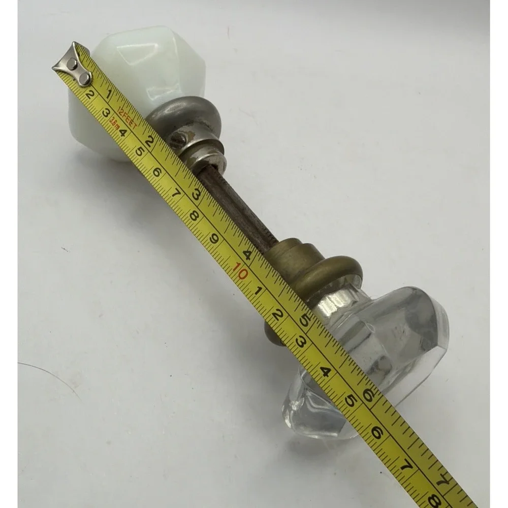 2 Antique  8 Point Glass Door Knobs - 1 white milk glass, 1 Clear, With Rod